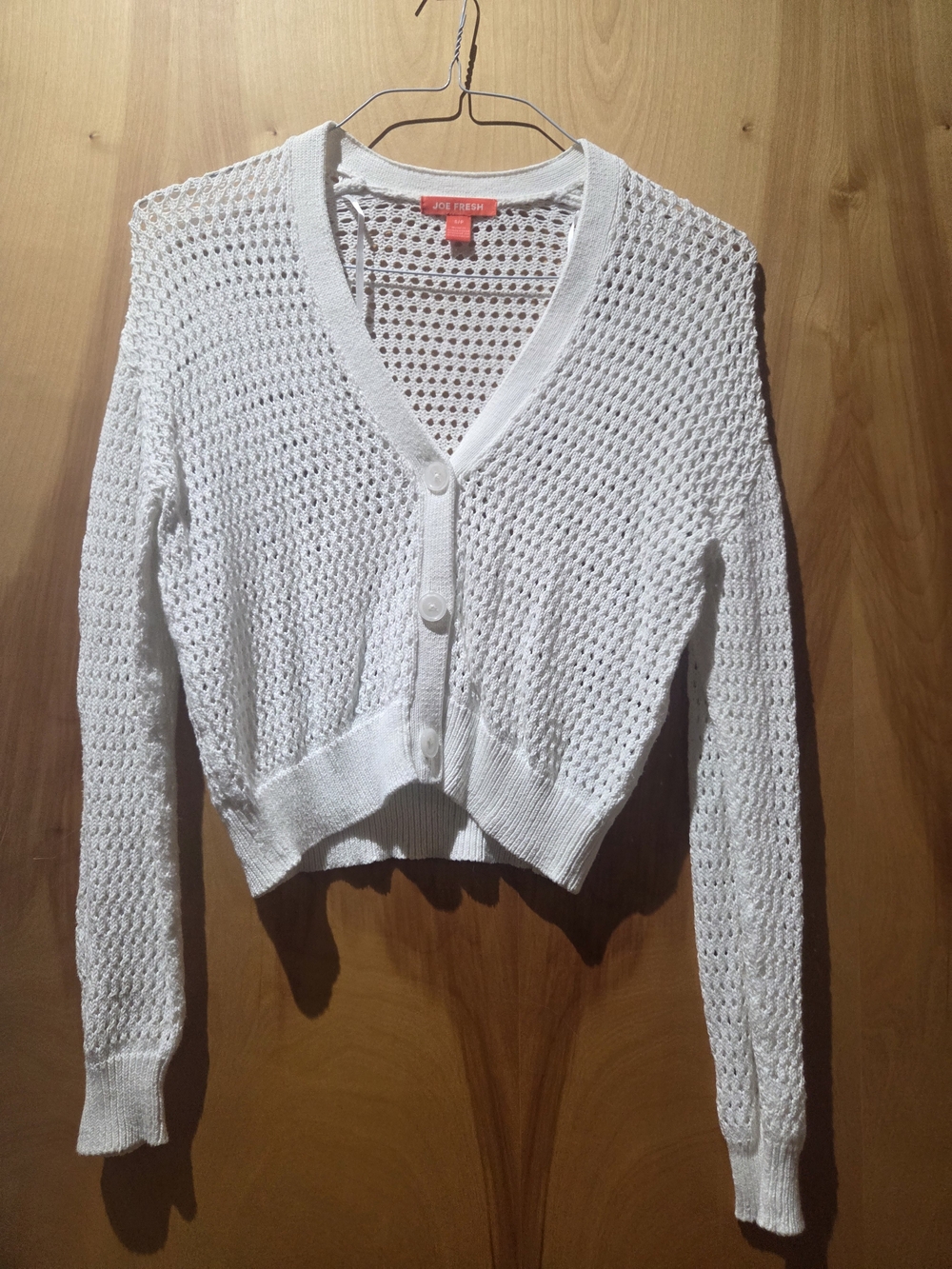 Joe Fresh White Cropped Open-Knit Button Cardigan